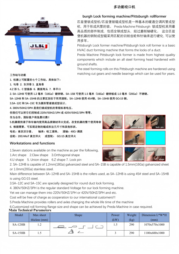 Pittsburgh Lock Forming Machine Specifications & Technical Parameters Sheet
