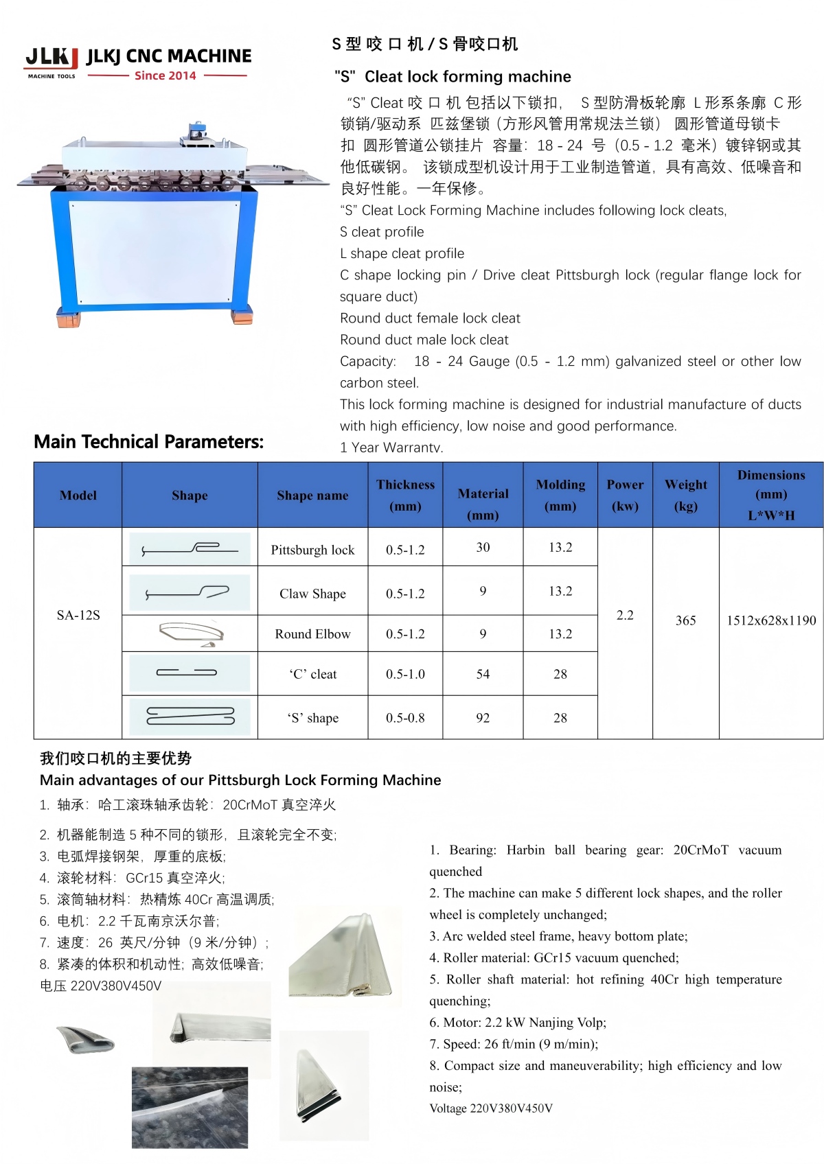 S Cleat Lock Forming Machine Specifications & Technical Parameters Sheet